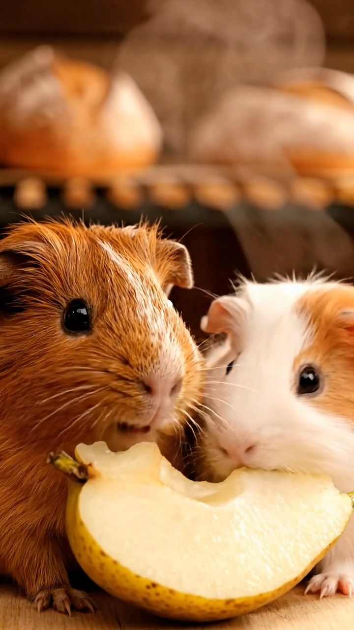 1062. Highly detailed view of 2 smooth-haired Abyssinian guinea pigs in brown and cream colors, sharing pear wedges, inside a artisanal bakery with fresh bread loaves cooling.