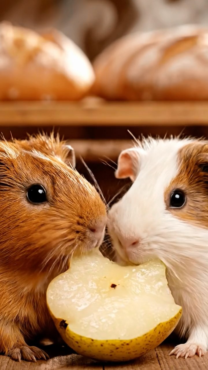 1062. Highly detailed view of 2 smooth-haired Abyssinian guinea pigs in brown and cream colors, sharing pear wedges, inside a artisanal bakery with fresh bread loaves cooling.
