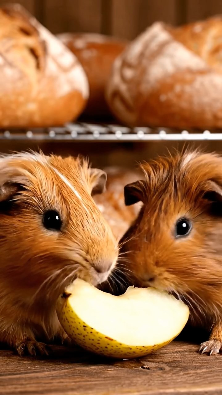 1062. Highly detailed view of 2 smooth-haired Abyssinian guinea pigs in brown and cream colors, sharing pear wedges, inside a artisanal bakery with fresh bread loaves cooling.
