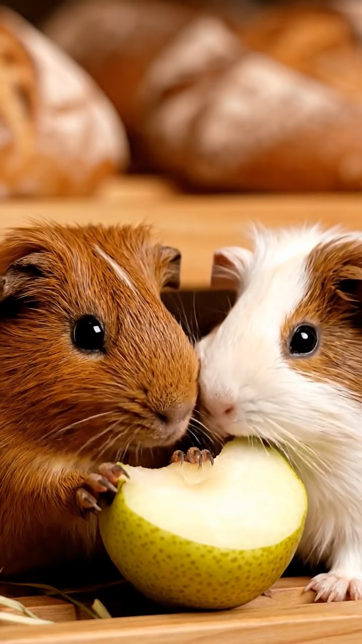 1062. Highly detailed view of 2 smooth-haired Abyssinian guinea pigs in brown and cream colors, sharing pear wedges, inside a artisanal bakery with fresh bread loaves cooling.