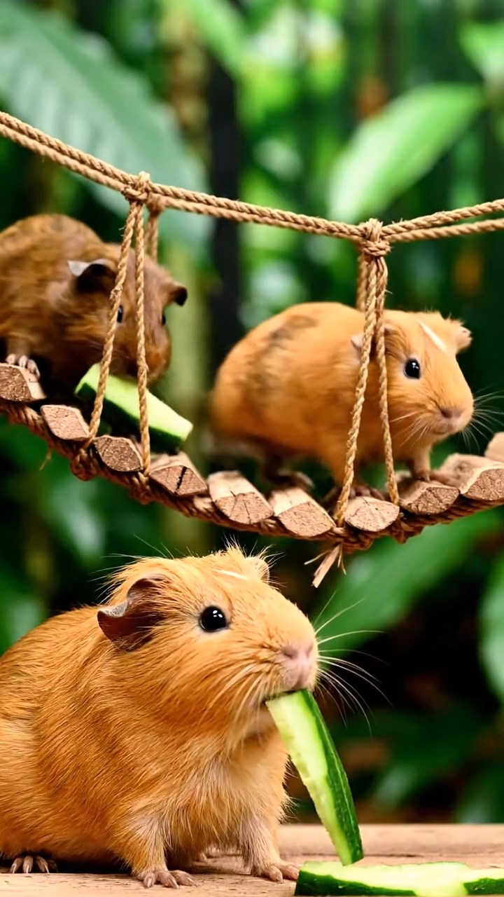 1063. Photorealistic photo of 5 smooth-haired Peruvian guinea pigs with fawn, chocolate, and cinnamon fur, munching on cucumber sticks, crossing a swaying Amazonian suspension bridge.