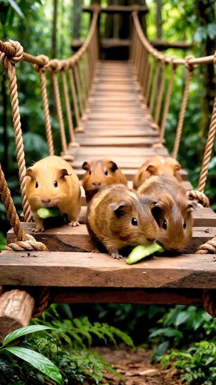 1063. Photorealistic photo of 5 smooth-haired Peruvian guinea pigs with fawn, chocolate, and cinnamon fur, munching on cucumber sticks, crossing a swaying Amazonian suspension bridge.