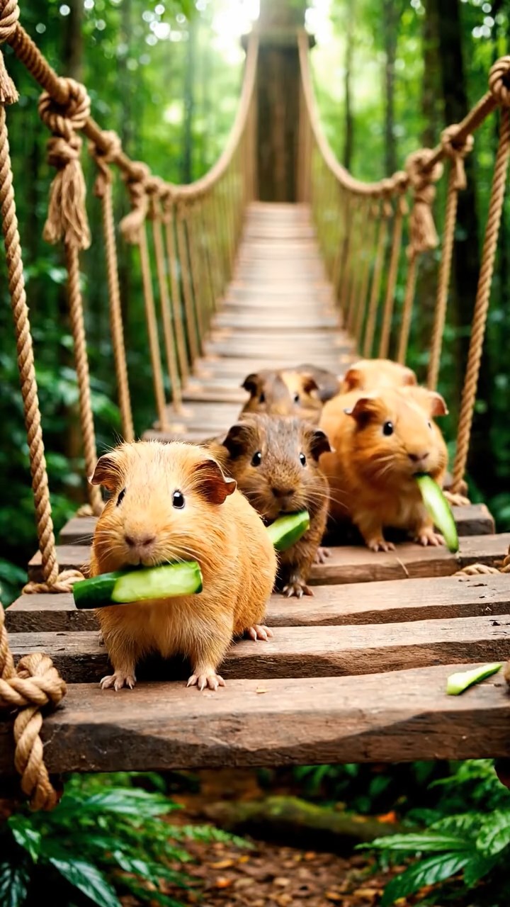1063. Photorealistic photo of 5 smooth-haired Peruvian guinea pigs with fawn, chocolate, and cinnamon fur, munching on cucumber sticks, crossing a swaying Amazonian suspension bridge.