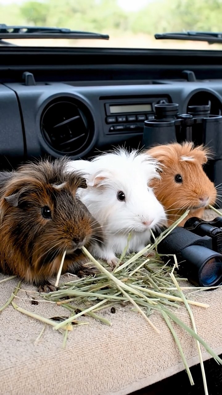 1064. Realistic depiction of 3 smooth-haired Silkie guinea pigs with sable, white, and orange fur, eating timothy hay strands, inside an African safari jeep with binoculars.