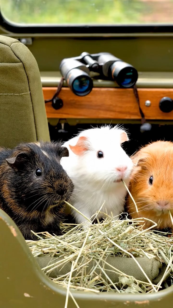 1064. Realistic depiction of 3 smooth-haired Silkie guinea pigs with sable, white, and orange fur, eating timothy hay strands, inside an African safari jeep with binoculars.