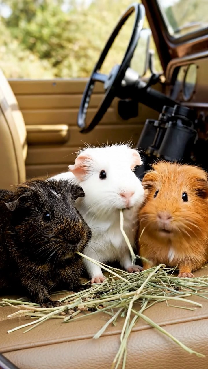 1064. Realistic depiction of 3 smooth-haired Silkie guinea pigs with sable, white, and orange fur, eating timothy hay strands, inside an African safari jeep with binoculars.
