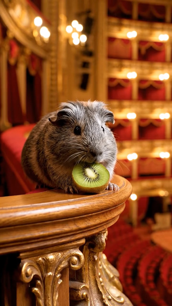 1065. Detailed image of 1 smooth-haired Teddy guinea pig with gray fur, nibbling on kiwi halves, on the railing of a grand opera house balcony overlooking the stage.