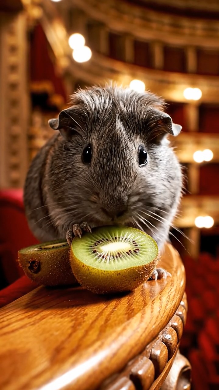 1065. Detailed image of 1 smooth-haired Teddy guinea pig with gray fur, nibbling on kiwi halves, on the railing of a grand opera house balcony overlooking the stage.