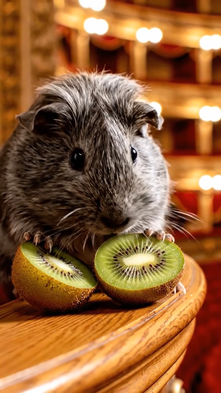 1065. Detailed image of 1 smooth-haired Teddy guinea pig with gray fur, nibbling on kiwi halves, on the railing of a grand opera house balcony overlooking the stage.