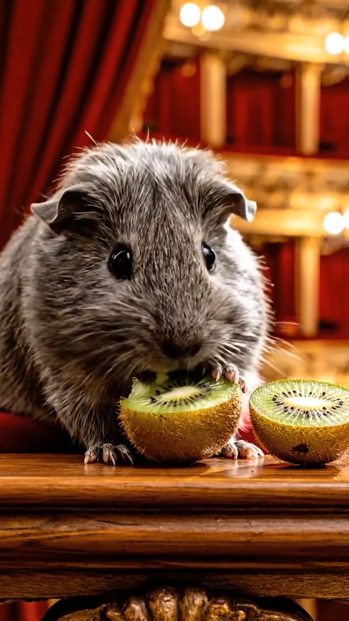 1065. Detailed image of 1 smooth-haired Teddy guinea pig with gray fur, nibbling on kiwi halves, on the railing of a grand opera house balcony overlooking the stage.