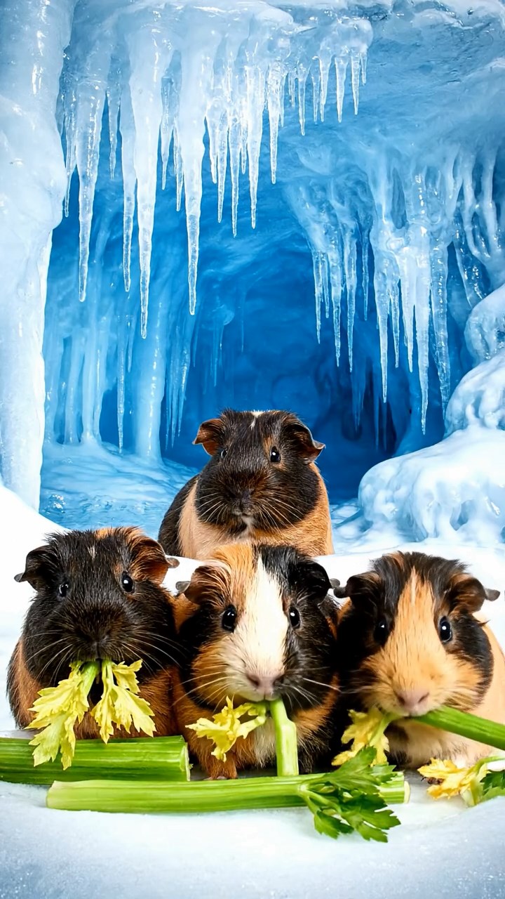 1066. Photorealistic scene of 4 smooth-haired Texel guinea pigs featuring black, brown, and cream coats, chewing on celery bunches, within a frozen Siberian ice cave with icicles.