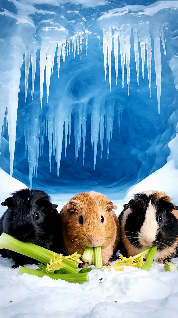 1066. Photorealistic scene of 4 smooth-haired Texel guinea pigs featuring black, brown, and cream coats, chewing on celery bunches, within a frozen Siberian ice cave with icicles.