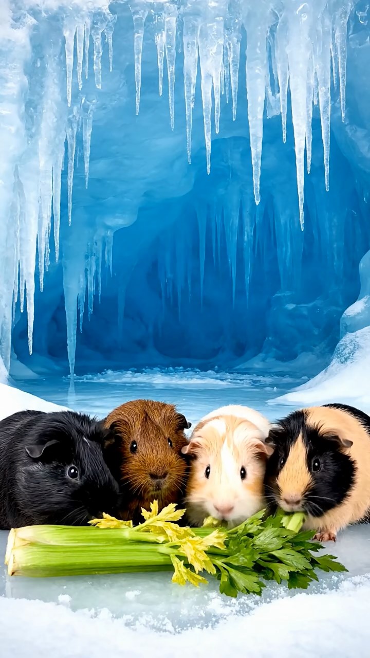 1066. Photorealistic scene of 4 smooth-haired Texel guinea pigs featuring black, brown, and cream coats, chewing on celery bunches, within a frozen Siberian ice cave with icicles.