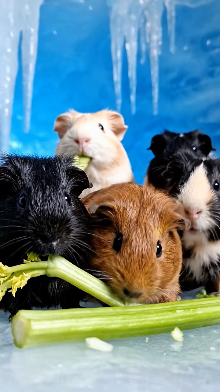 1066. Photorealistic scene of 4 smooth-haired Texel guinea pigs featuring black, brown, and cream coats, chewing on celery bunches, within a frozen Siberian ice cave with icicles.