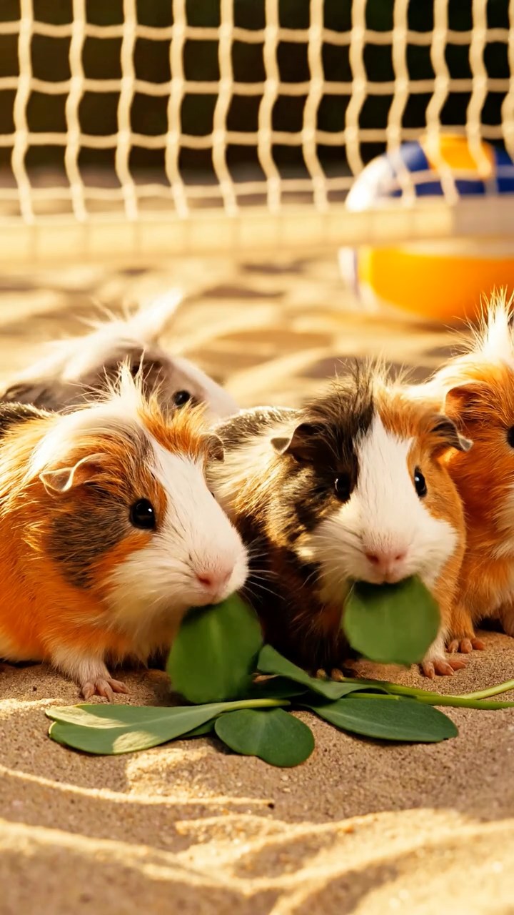 517. Detailed photo of 2 smooth-haired American guinea pigs with Fawn and Sable fur, dressed as bakers in tiny aprons, baking bread in a guinea pig bakery with hay ovens and wooden counters, under soft lamplight, creating a realistic, cozy culinary scene.