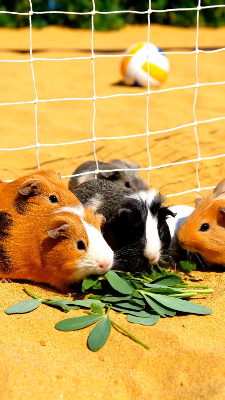 518. Photorealistic scene of 3 smooth-haired Teddy guinea pigs with Chocolate, Cinnamon, and Gray fur, exploring a maze of twigs and grass in a forested clearing with soft moss and scattered leaves, under dappled sunlight, enhancing the authentic, adventurous atmosphere.