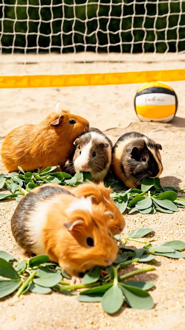 518. Photorealistic scene of 3 smooth-haired Teddy guinea pigs with Chocolate, Cinnamon, and Gray fur, exploring a maze of twigs and grass in a forested clearing with soft moss and scattered leaves, under dappled sunlight, enhancing the authentic, adventurous atmosphere.