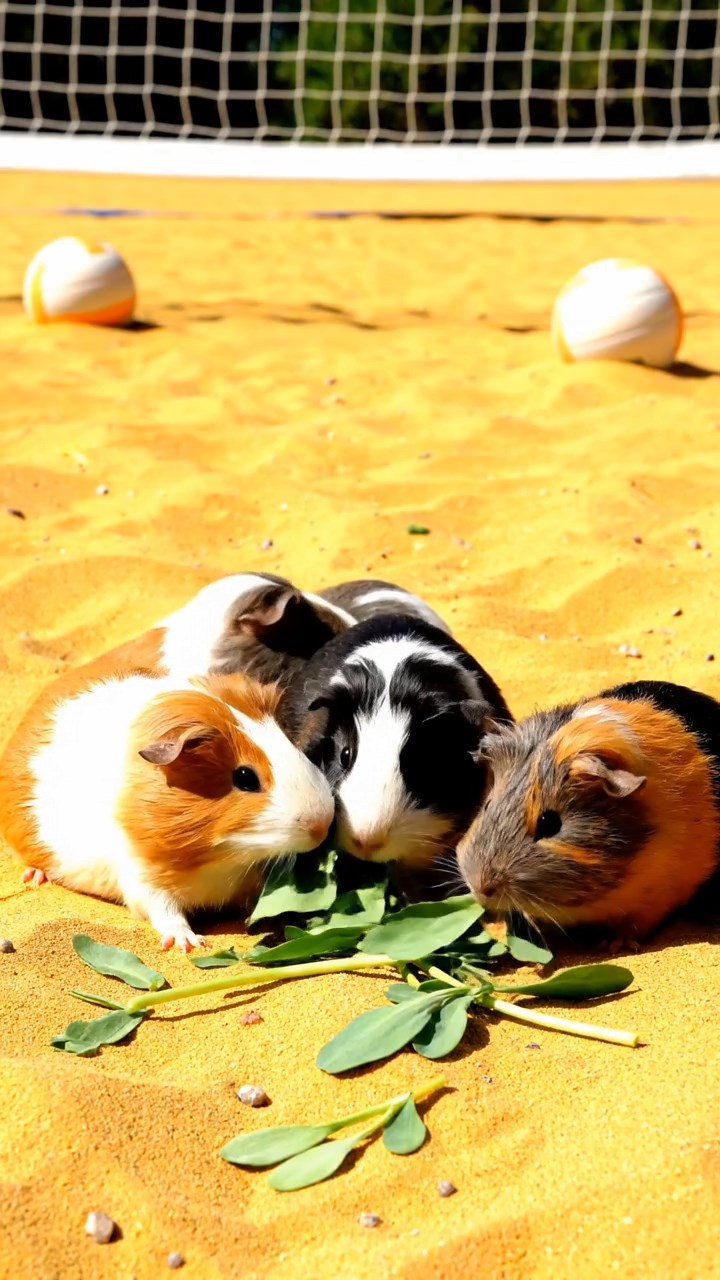 518. Photorealistic scene of 3 smooth-haired Teddy guinea pigs with Chocolate, Cinnamon, and Gray fur, exploring a maze of twigs and grass in a forested clearing with soft moss and scattered leaves, under dappled sunlight, enhancing the authentic, adventurous atmosphere.