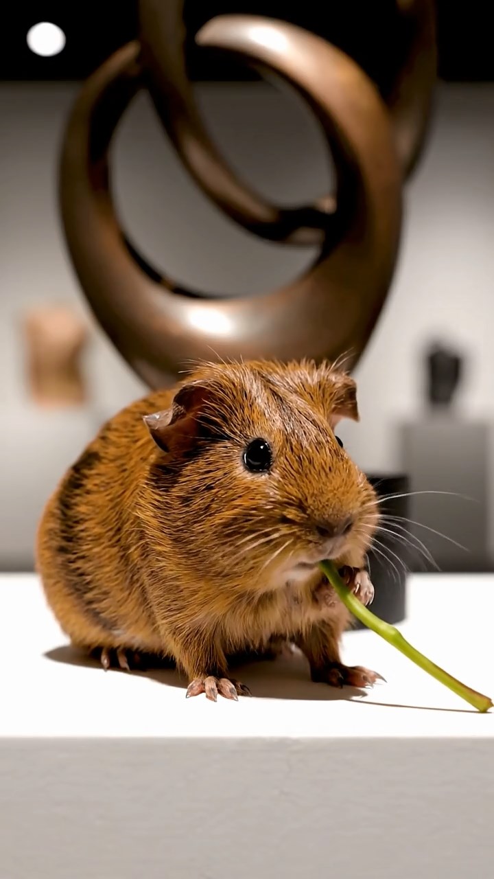 519. Highly detailed view of 4 smooth-haired Himalayan guinea pigs with White, Orange, Black, and Brown fur, dressed as writers in tiny scarves, typing stories in a guinea pig study with miniature books and hay desks, under warm lamplight, creating a vivid, realistic literary scene.