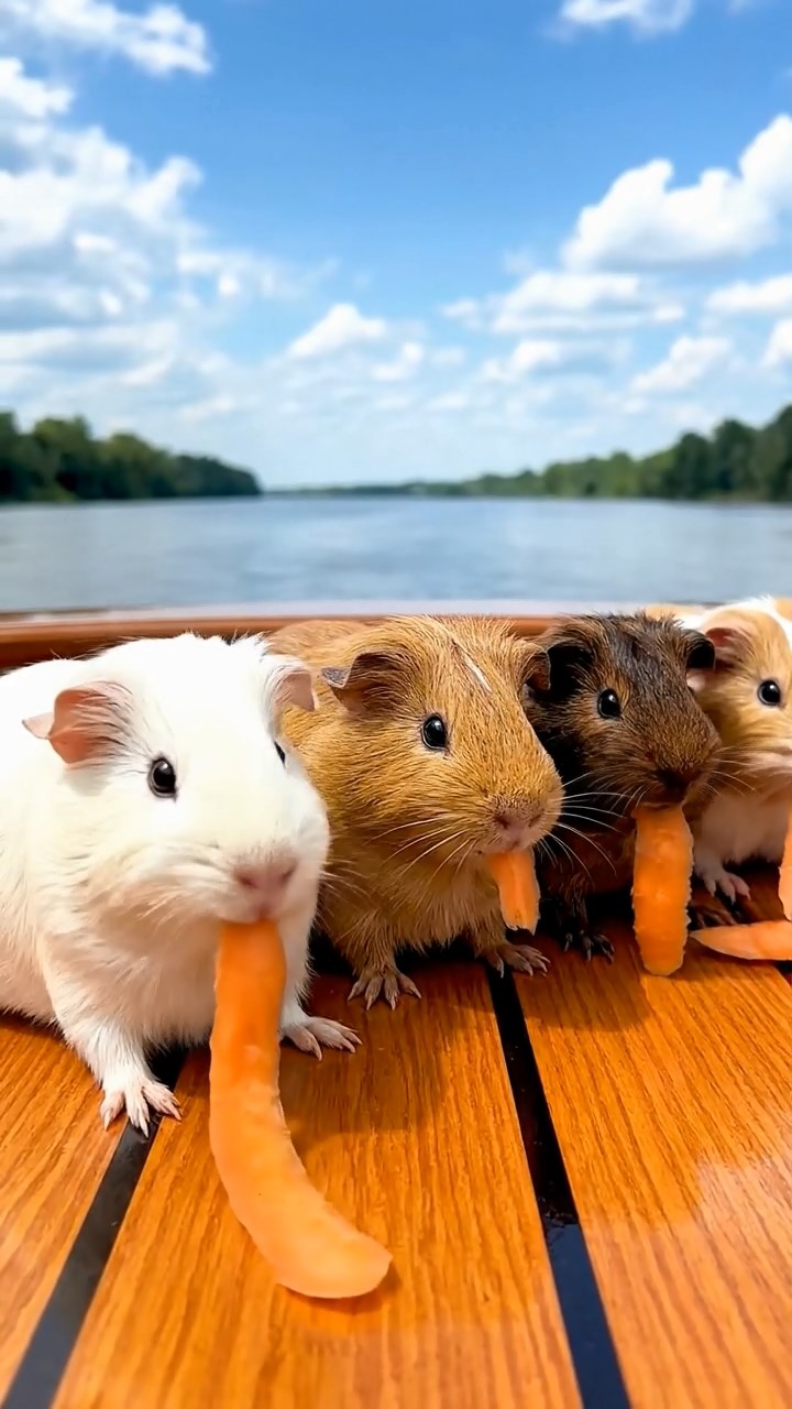 519. Highly detailed view of 4 smooth-haired Himalayan guinea pigs with White, Orange, Black, and Brown fur, dressed as writers in tiny scarves, typing stories in a guinea pig study with miniature books and hay desks, under warm lamplight, creating a vivid, realistic literary scene.