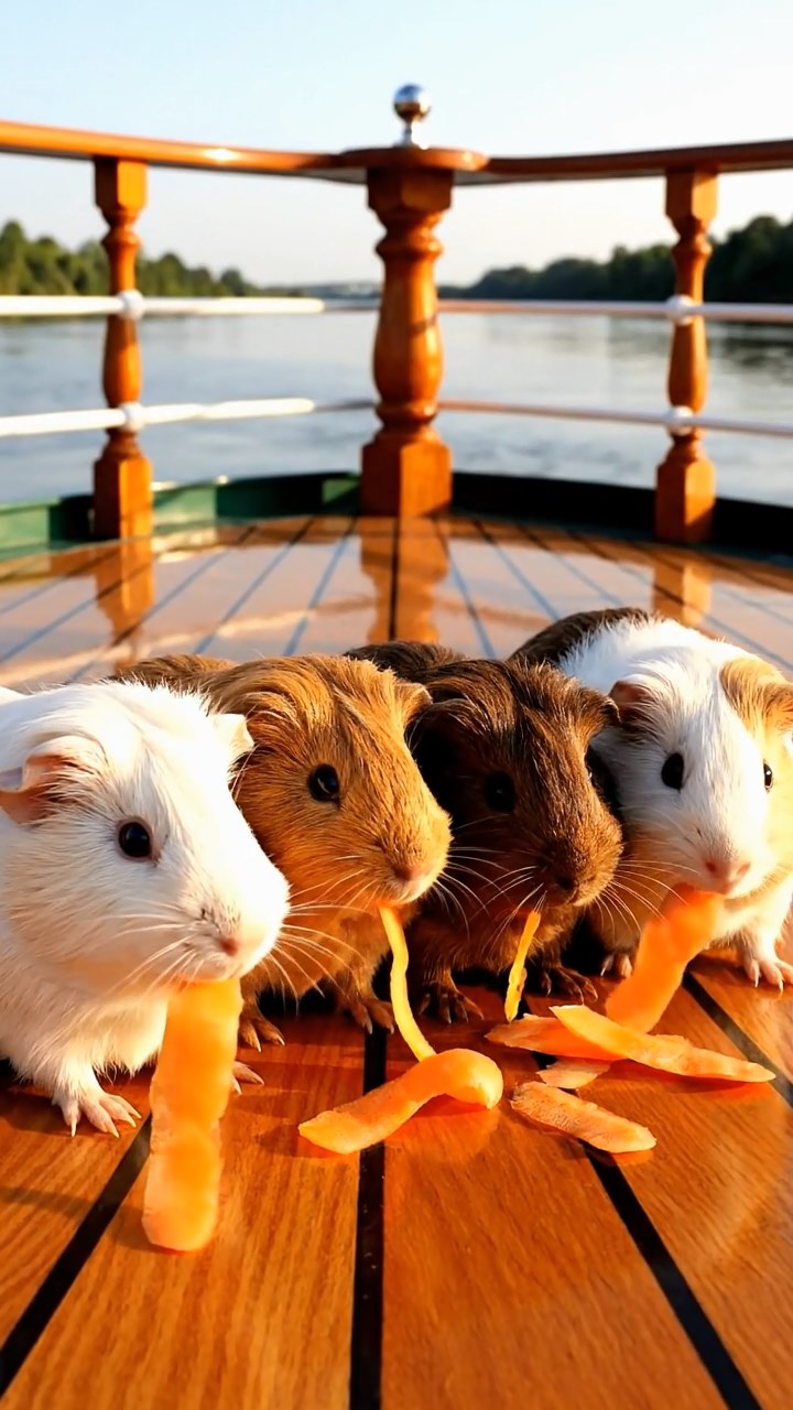 520. Realistic scene of 5 smooth-haired Californian guinea pigs with Cream, Fawn, Sable, Gray, and Cinnamon fur, sleeping in a cozy pile in a lush meadow with wildflowers and a gentle breeze, under golden sunlight, capturing a lifelike, tranquil group moment.