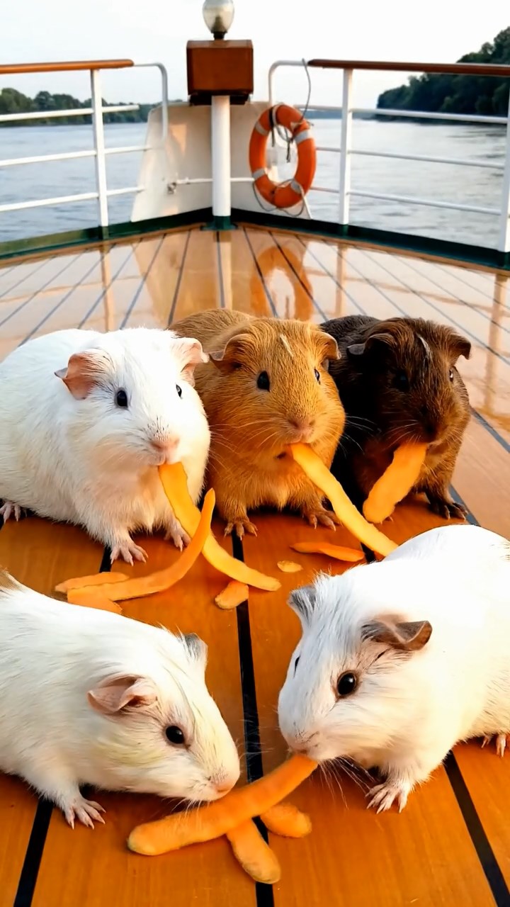 520. Realistic scene of 5 smooth-haired Californian guinea pigs with Cream, Fawn, Sable, Gray, and Cinnamon fur, sleeping in a cozy pile in a lush meadow with wildflowers and a gentle breeze, under golden sunlight, capturing a lifelike, tranquil group moment.
