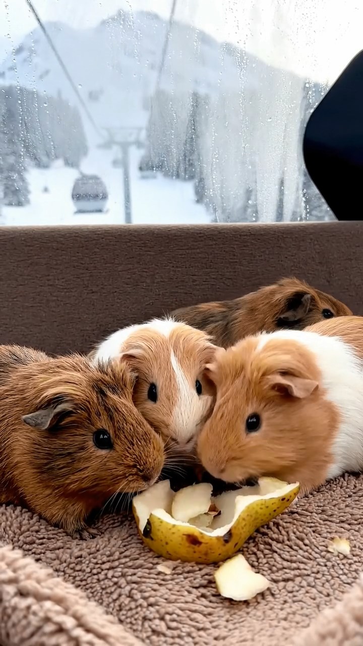 524. Realistic scene of 4 smooth-haired Californian guinea pigs with Fawn, Chocolate, Cinnamon, and Sable fur, dressed as firefighters in tiny uniforms, extinguishing a pretend fire in a guinea pig village with hay houses, under glowing streetlights, capturing a heroic, lifelike moment.