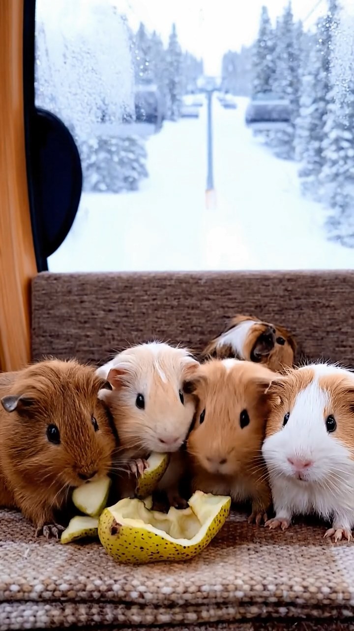 524. Realistic scene of 4 smooth-haired Californian guinea pigs with Fawn, Chocolate, Cinnamon, and Sable fur, dressed as firefighters in tiny uniforms, extinguishing a pretend fire in a guinea pig village with hay houses, under glowing streetlights, capturing a heroic, lifelike moment.