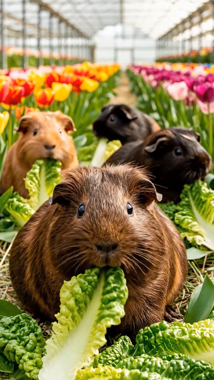 524. Realistic scene of 4 smooth-haired Californian guinea pigs with Fawn, Chocolate, Cinnamon, and Sable fur, dressed as firefighters in tiny uniforms, extinguishing a pretend fire in a guinea pig village with hay houses, under glowing streetlights, capturing a heroic, lifelike moment.