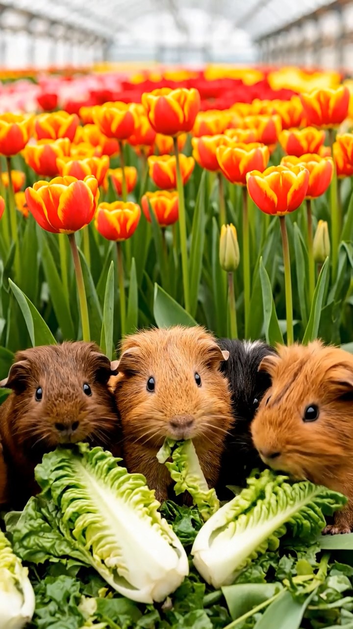 525. Detailed photo of 5 smooth-haired American guinea pigs with White, Orange, Gray, Black, and Brown fur, foraging for clover in a lush meadow with wildflowers and a trickling stream, under soft morning light, creating a realistic, serene pastoral scene.