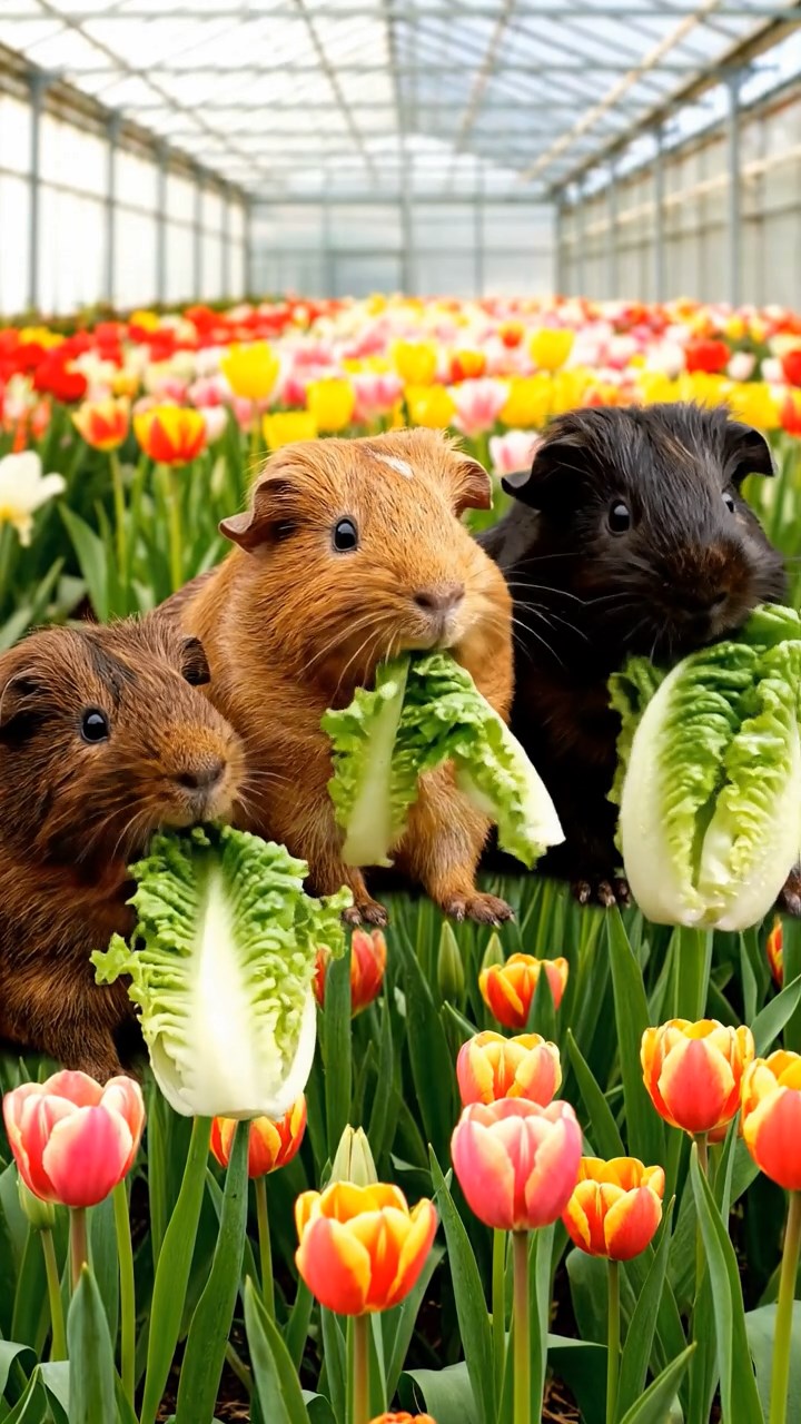 525. Detailed photo of 5 smooth-haired American guinea pigs with White, Orange, Gray, Black, and Brown fur, foraging for clover in a lush meadow with wildflowers and a trickling stream, under soft morning light, creating a realistic, serene pastoral scene.