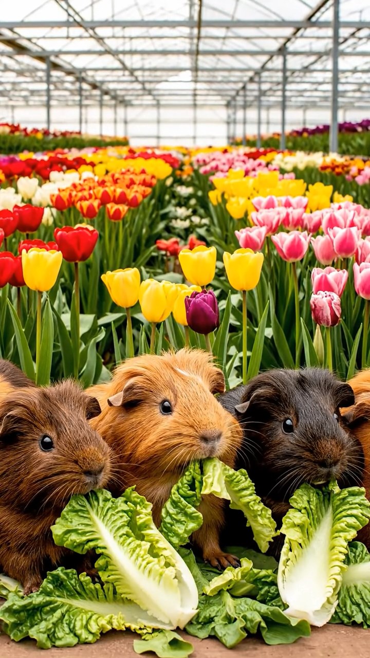 525. Detailed photo of 5 smooth-haired American guinea pigs with White, Orange, Gray, Black, and Brown fur, foraging for clover in a lush meadow with wildflowers and a trickling stream, under soft morning light, creating a realistic, serene pastoral scene.