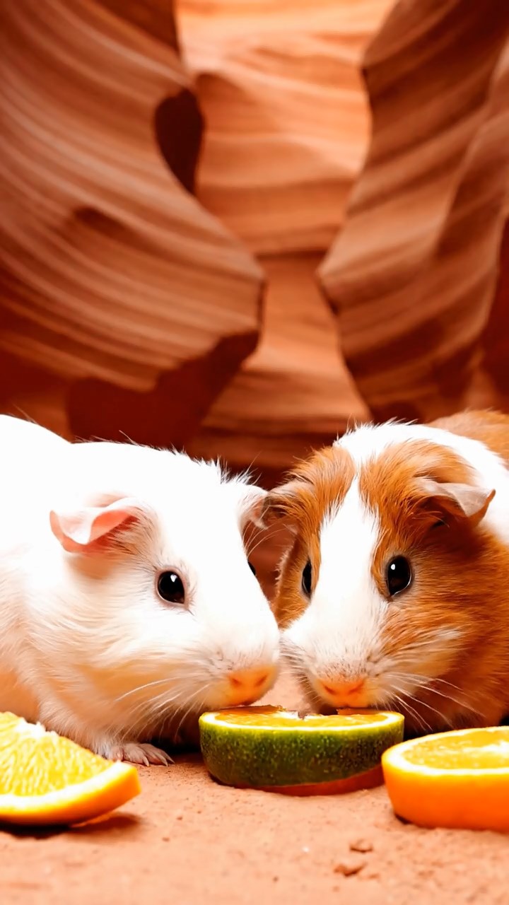 525. Detailed photo of 5 smooth-haired American guinea pigs with White, Orange, Gray, Black, and Brown fur, foraging for clover in a lush meadow with wildflowers and a trickling stream, under soft morning light, creating a realistic, serene pastoral scene.