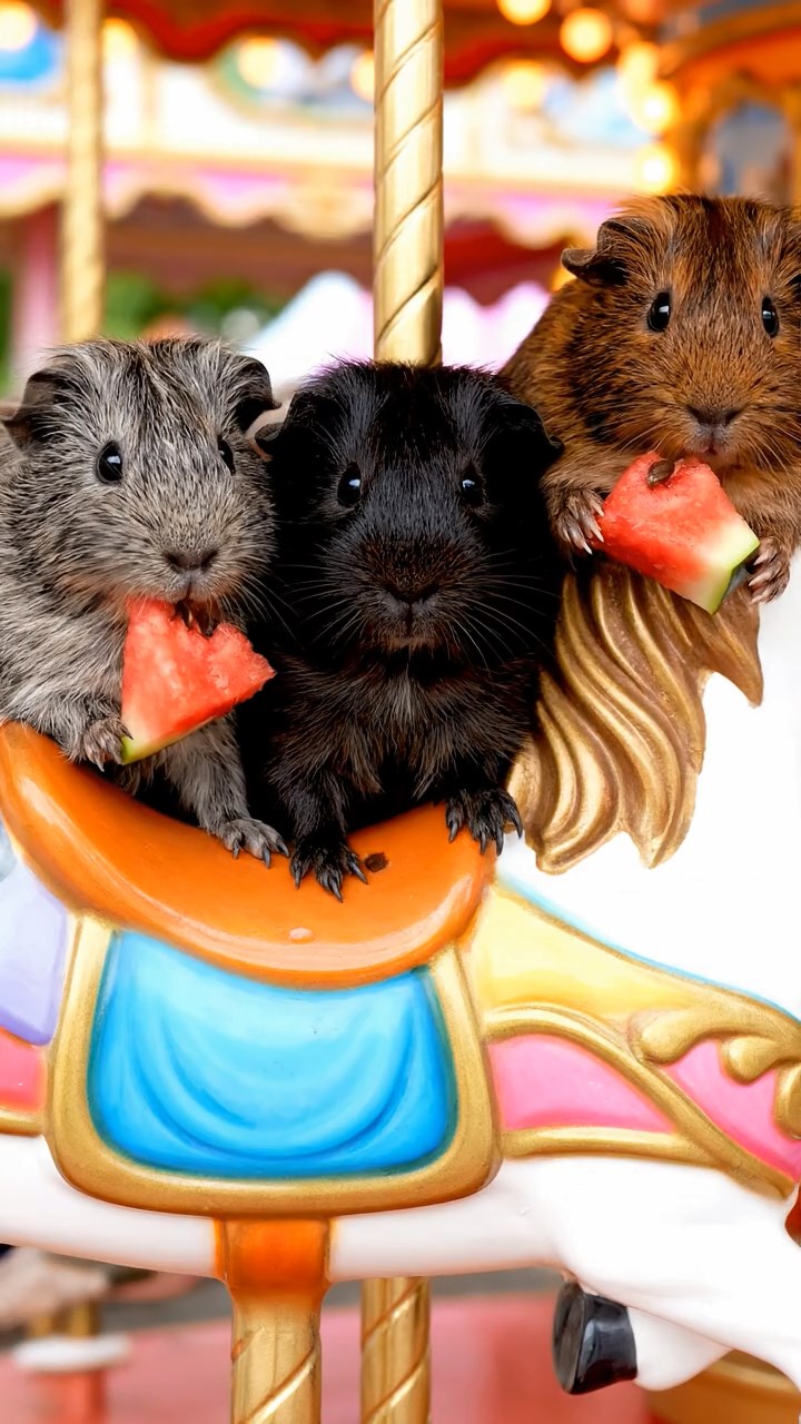 527. Highly detailed view of 2 smooth-haired Himalayan guinea pigs with Fawn and Sable fur, dressed as musicians in tiny vests, playing miniature pianos in a guinea pig concert hall with hay seats and velvet curtains, under warm spotlights, creating a realistic, elegant scene.
