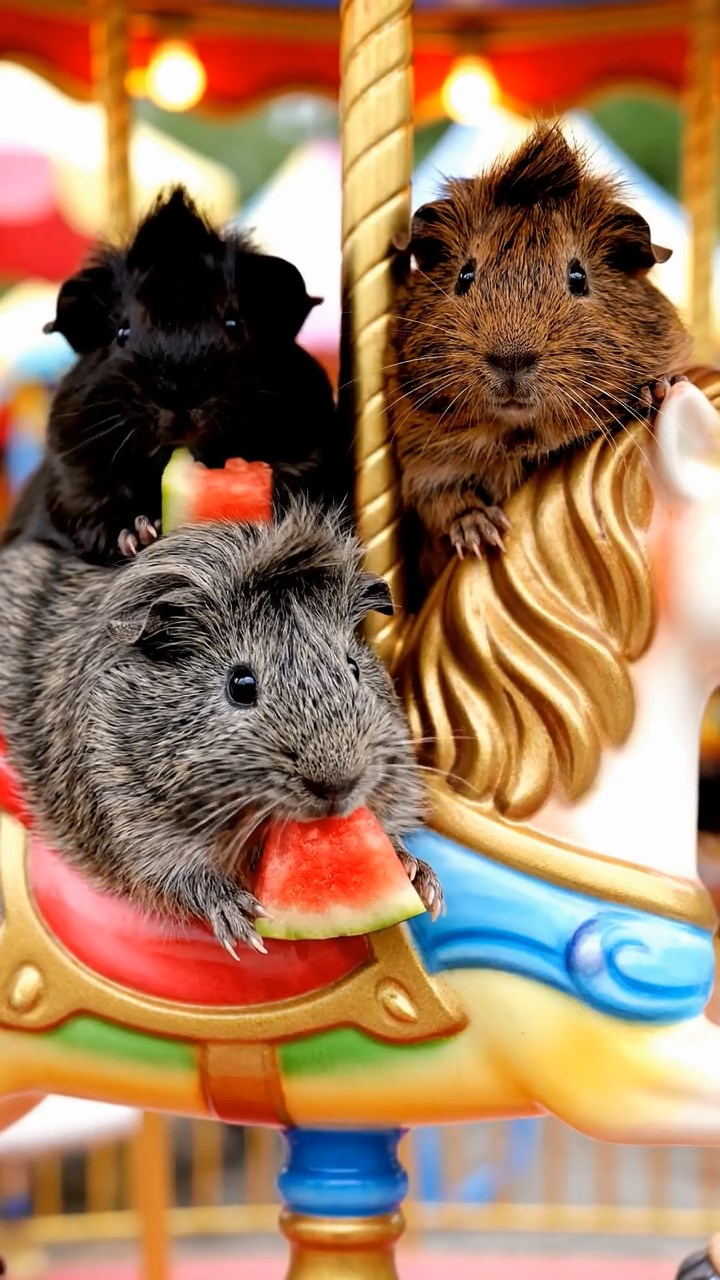 527. Highly detailed view of 2 smooth-haired Himalayan guinea pigs with Fawn and Sable fur, dressed as musicians in tiny vests, playing miniature pianos in a guinea pig concert hall with hay seats and velvet curtains, under warm spotlights, creating a realistic, elegant scene.