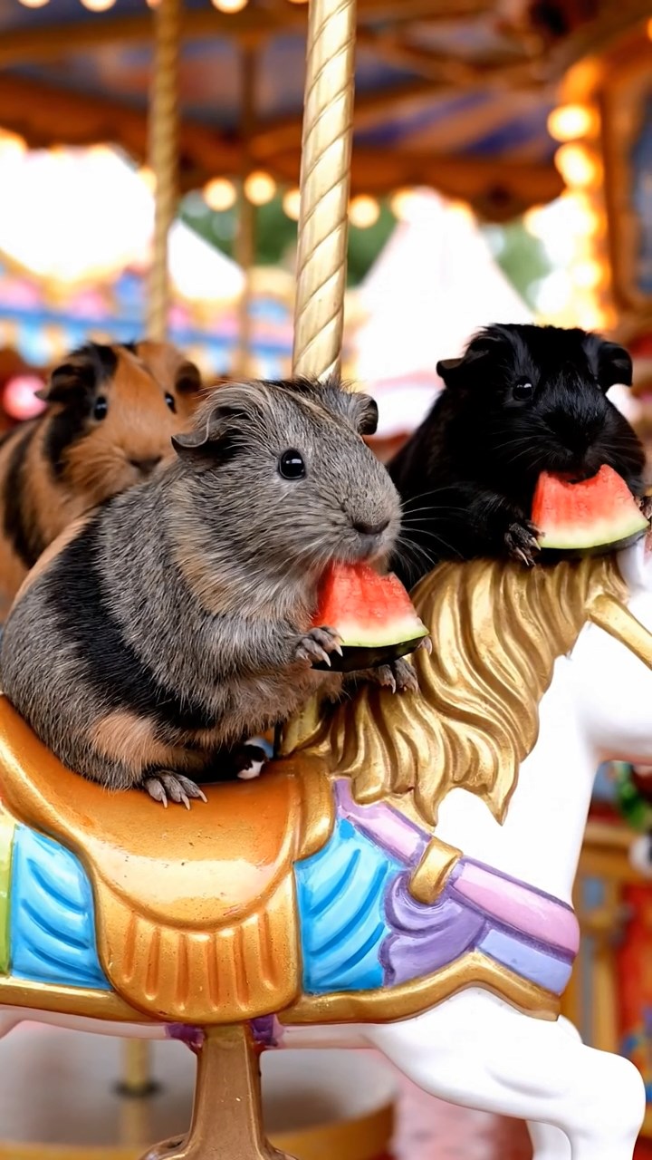 527. Highly detailed view of 2 smooth-haired Himalayan guinea pigs with Fawn and Sable fur, dressed as musicians in tiny vests, playing miniature pianos in a guinea pig concert hall with hay seats and velvet curtains, under warm spotlights, creating a realistic, elegant scene.