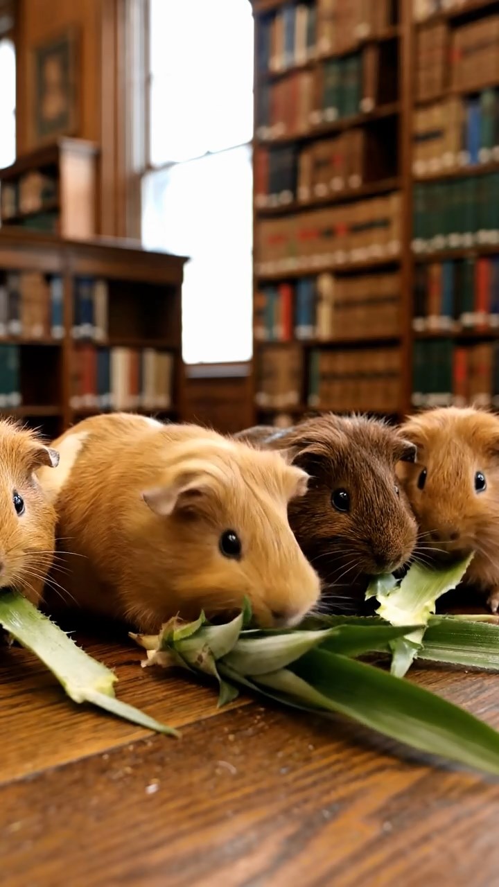 528. Realistic scene of 3 smooth-haired Californian guinea pigs with Chocolate, Cinnamon, and Gray fur, grooming each other in a lush meadow with scattered wildflowers and a babbling brook, under golden sunlight, enhancing the authentic, social atmosphere.