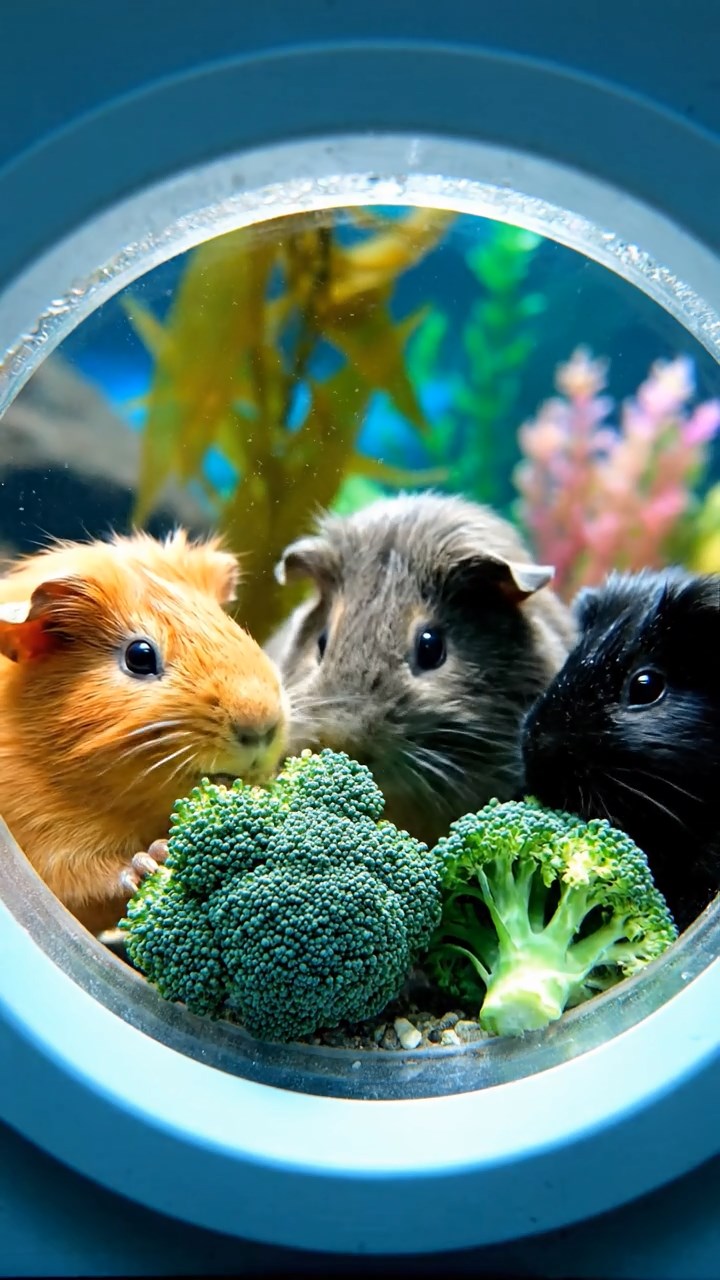 531. Highly detailed view of 1 smooth-haired Himalayan guinea pig with White fur, munching on bell peppers, in a vibrant vegetable garden with rows of tomatoes and lettuce, under bright sunlight, creating a realistic, colorful rural scene.