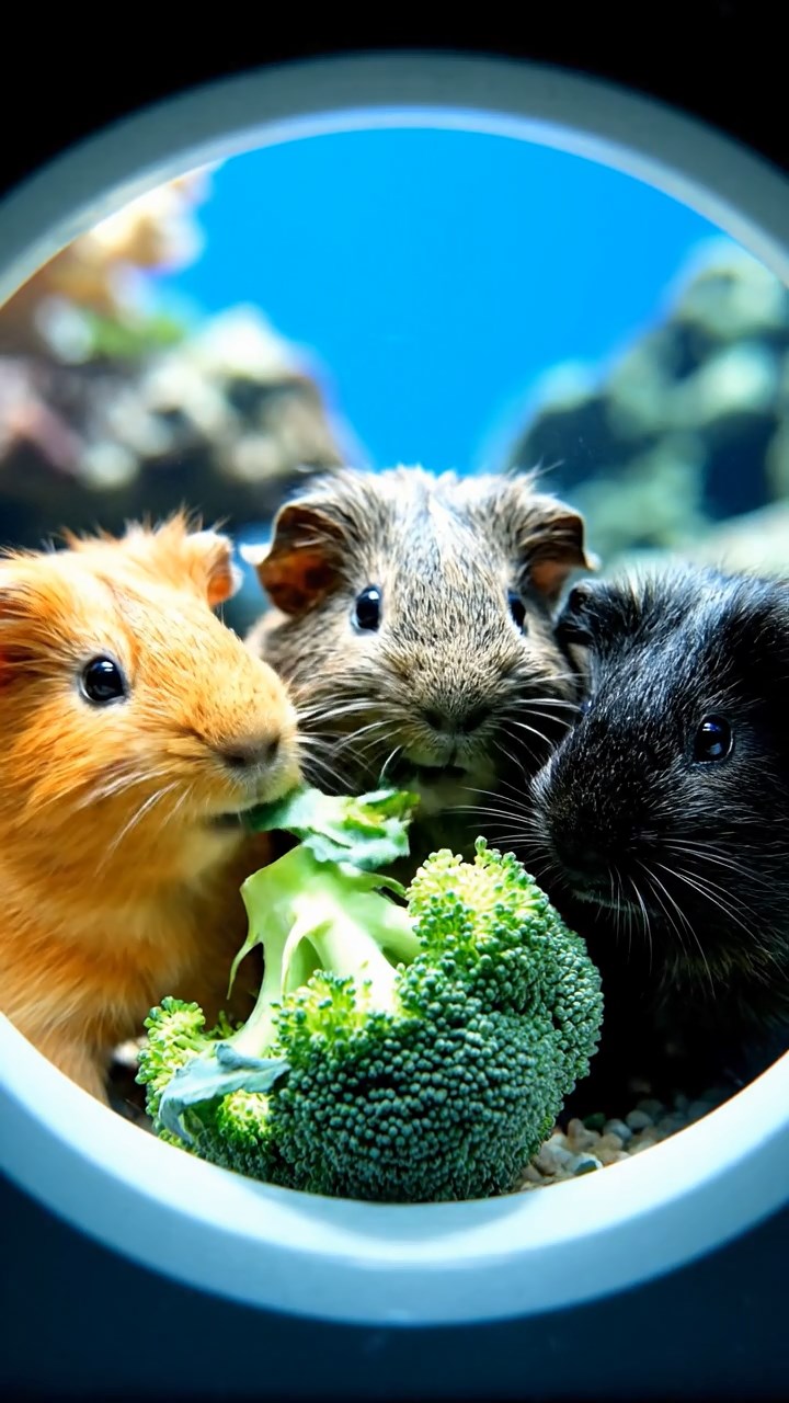 531. Highly detailed view of 1 smooth-haired Himalayan guinea pig with White fur, munching on bell peppers, in a vibrant vegetable garden with rows of tomatoes and lettuce, under bright sunlight, creating a realistic, colorful rural scene.