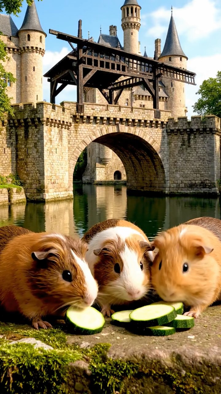 531. Highly detailed view of 1 smooth-haired Himalayan guinea pig with White fur, munching on bell peppers, in a vibrant vegetable garden with rows of tomatoes and lettuce, under bright sunlight, creating a realistic, colorful rural scene.