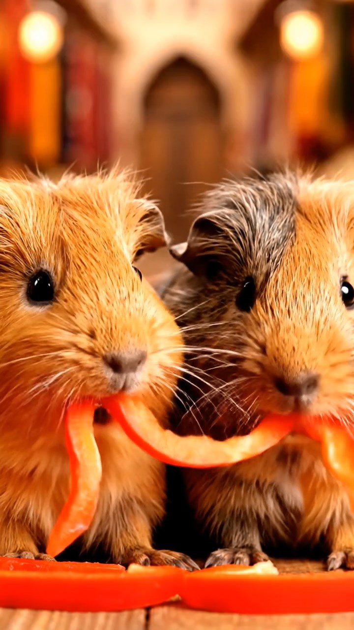 535. Highly detailed view of 5 smooth-haired Himalayan guinea pigs with White, Orange, Gray, Black, and Brown fur, foraging for wild herbs in a lush meadow with wildflowers and a babbling brook, under soft morning light, creating a realistic, serene pastoral scene.