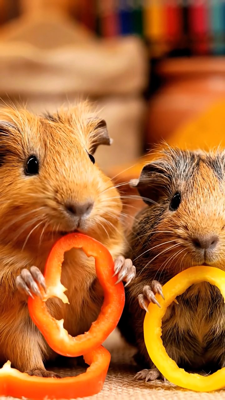 535. Highly detailed view of 5 smooth-haired Himalayan guinea pigs with White, Orange, Gray, Black, and Brown fur, foraging for wild herbs in a lush meadow with wildflowers and a babbling brook, under soft morning light, creating a realistic, serene pastoral scene.