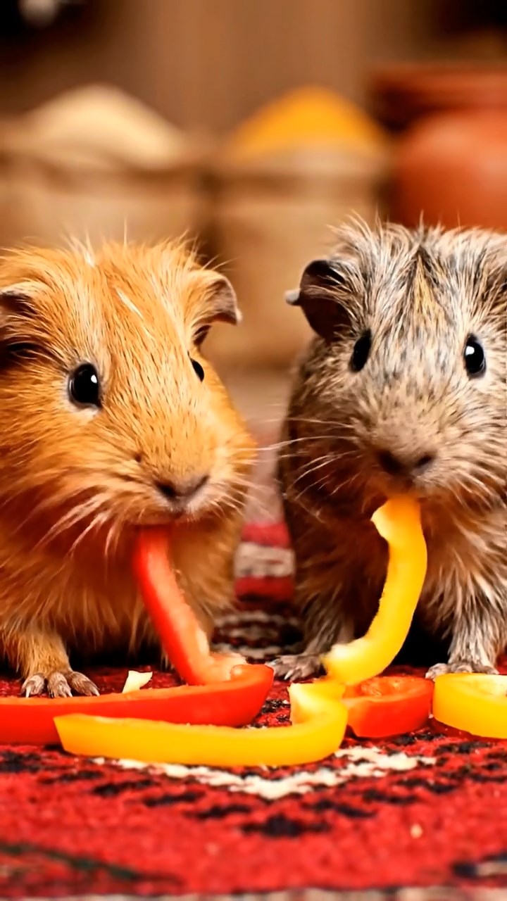 535. Highly detailed view of 5 smooth-haired Himalayan guinea pigs with White, Orange, Gray, Black, and Brown fur, foraging for wild herbs in a lush meadow with wildflowers and a babbling brook, under soft morning light, creating a realistic, serene pastoral scene.