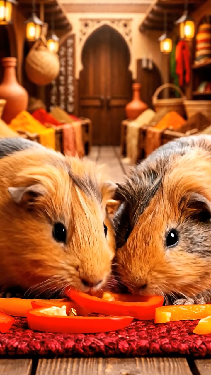 535. Highly detailed view of 5 smooth-haired Himalayan guinea pigs with White, Orange, Gray, Black, and Brown fur, foraging for wild herbs in a lush meadow with wildflowers and a babbling brook, under soft morning light, creating a realistic, serene pastoral scene.