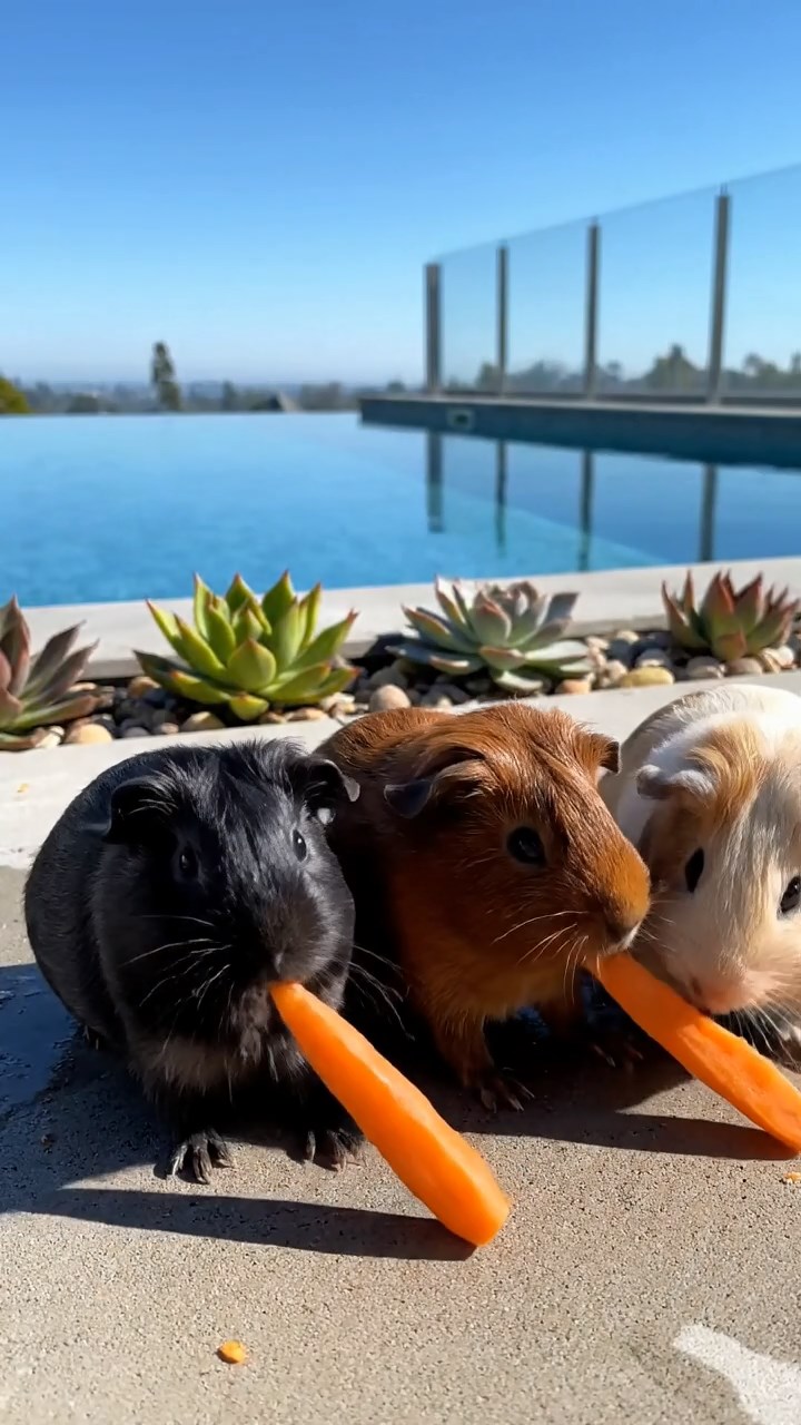 536. Realistic scene of 1 smooth-haired Californian guinea pig with Cream fur, nibbling on strawberries, in a fragrant rose garden with blooming red and white roses, under warm sunlight, capturing a vivid, lifelike romantic moment.
