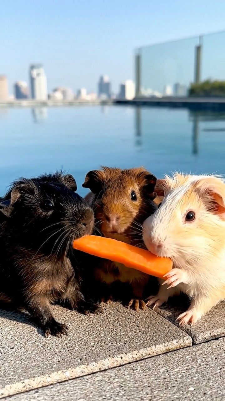536. Realistic scene of 1 smooth-haired Californian guinea pig with Cream fur, nibbling on strawberries, in a fragrant rose garden with blooming red and white roses, under warm sunlight, capturing a vivid, lifelike romantic moment.
