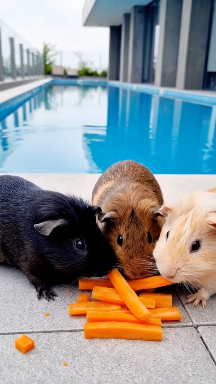 536. Realistic scene of 1 smooth-haired Californian guinea pig with Cream fur, nibbling on strawberries, in a fragrant rose garden with blooming red and white roses, under warm sunlight, capturing a vivid, lifelike romantic moment.