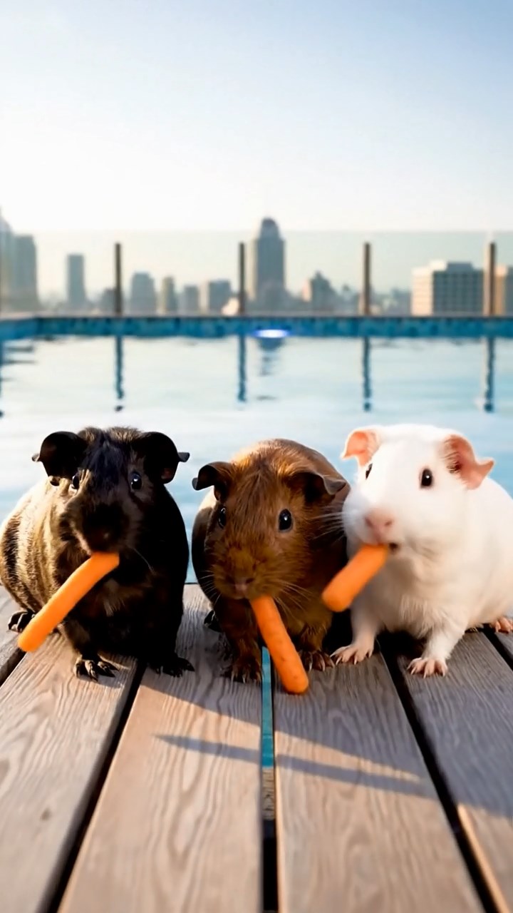 536. Realistic scene of 1 smooth-haired Californian guinea pig with Cream fur, nibbling on strawberries, in a fragrant rose garden with blooming red and white roses, under warm sunlight, capturing a vivid, lifelike romantic moment.