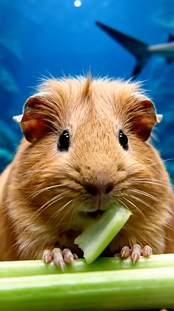 537. Detailed photo of 2 smooth-haired American guinea pigs with Fawn and Sable fur, dressed as bakers in tiny aprons, baking muffins in a guinea pig bakery with hay ovens and wooden counters, under soft lamplight, creating a realistic, cozy culinary scene.