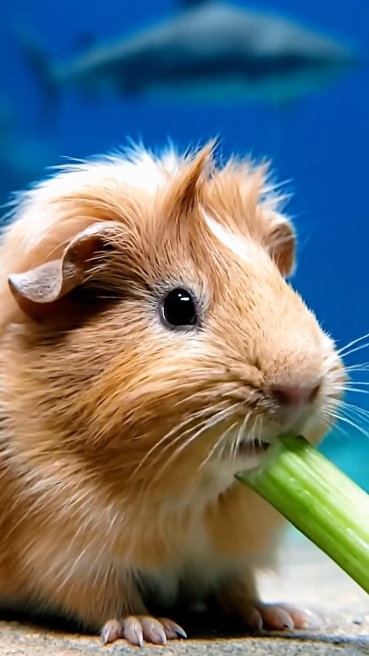 537. Detailed photo of 2 smooth-haired American guinea pigs with Fawn and Sable fur, dressed as bakers in tiny aprons, baking muffins in a guinea pig bakery with hay ovens and wooden counters, under soft lamplight, creating a realistic, cozy culinary scene.